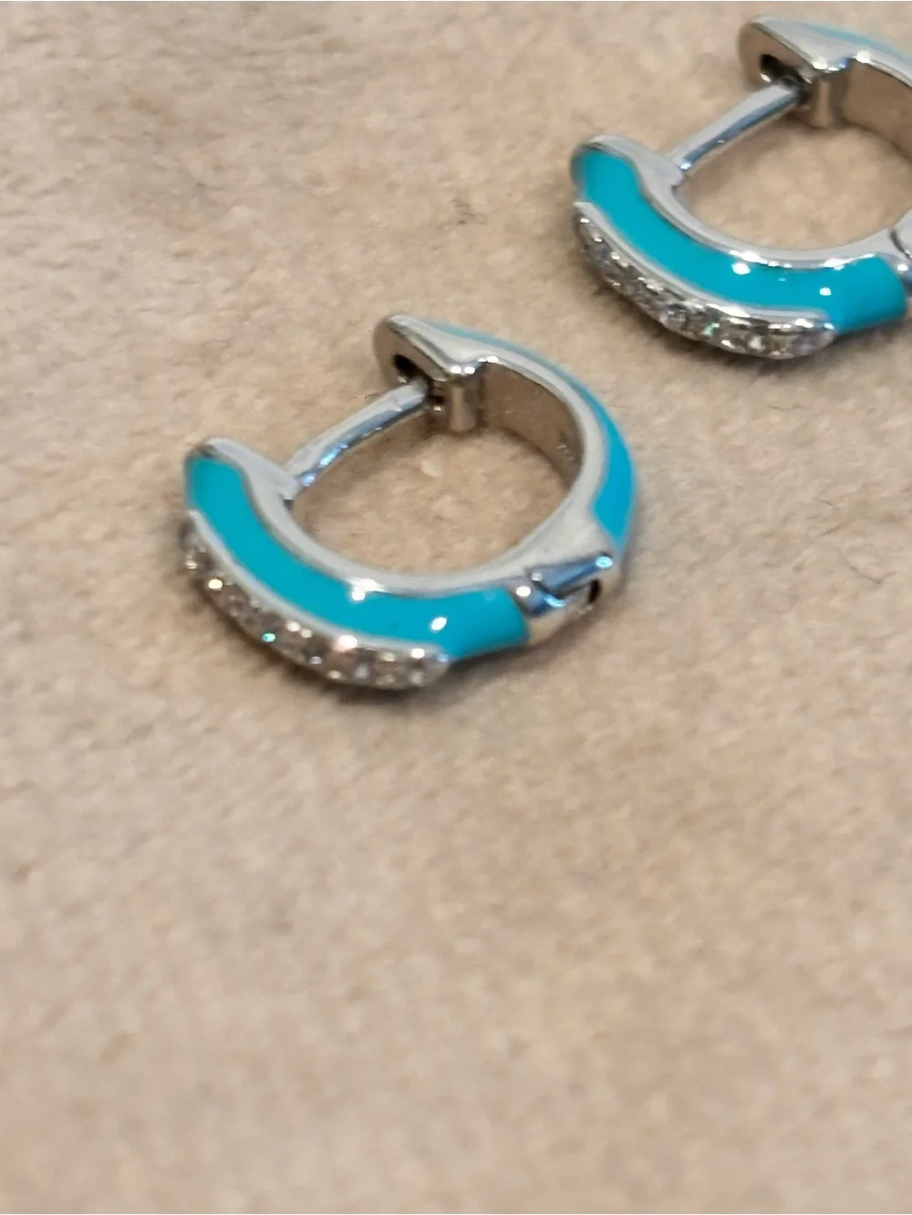 925 Sterling Silver Turquoise Enamel Huggie Hoop Earrings with Crystal Accents